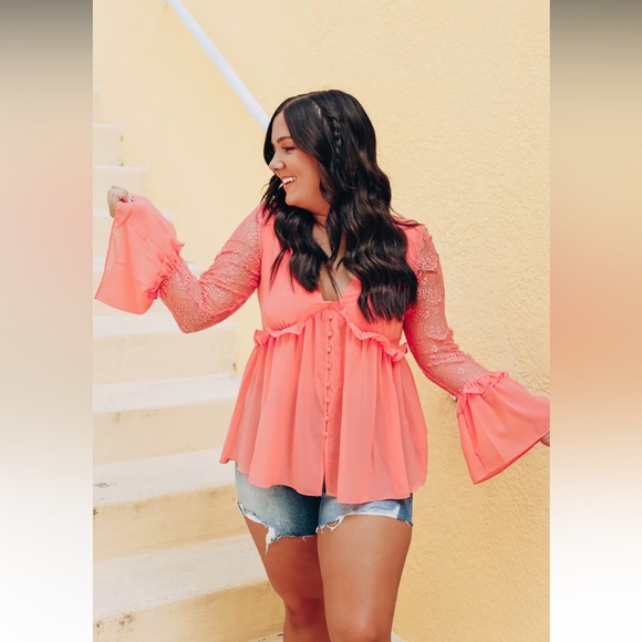 Coral Lace Bell Sleeve Blouse - Picture 1 of 5